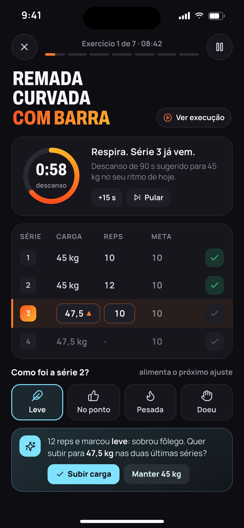 Registro da série com descanso e sugestão de carga da IA no app