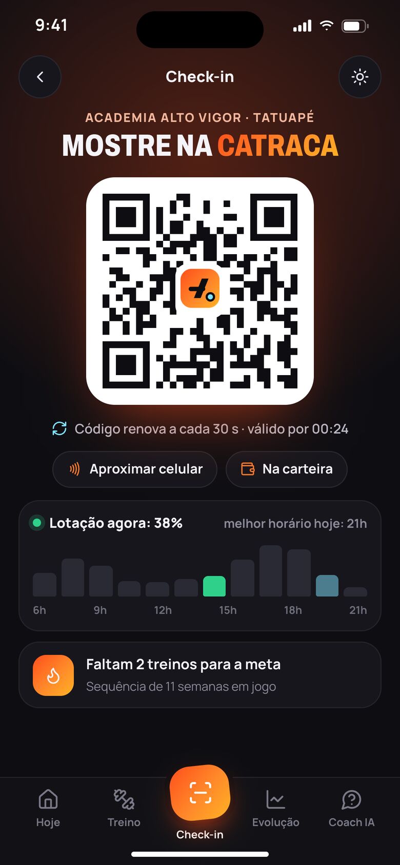 Check-in na academia por QR code com lotação por horário
