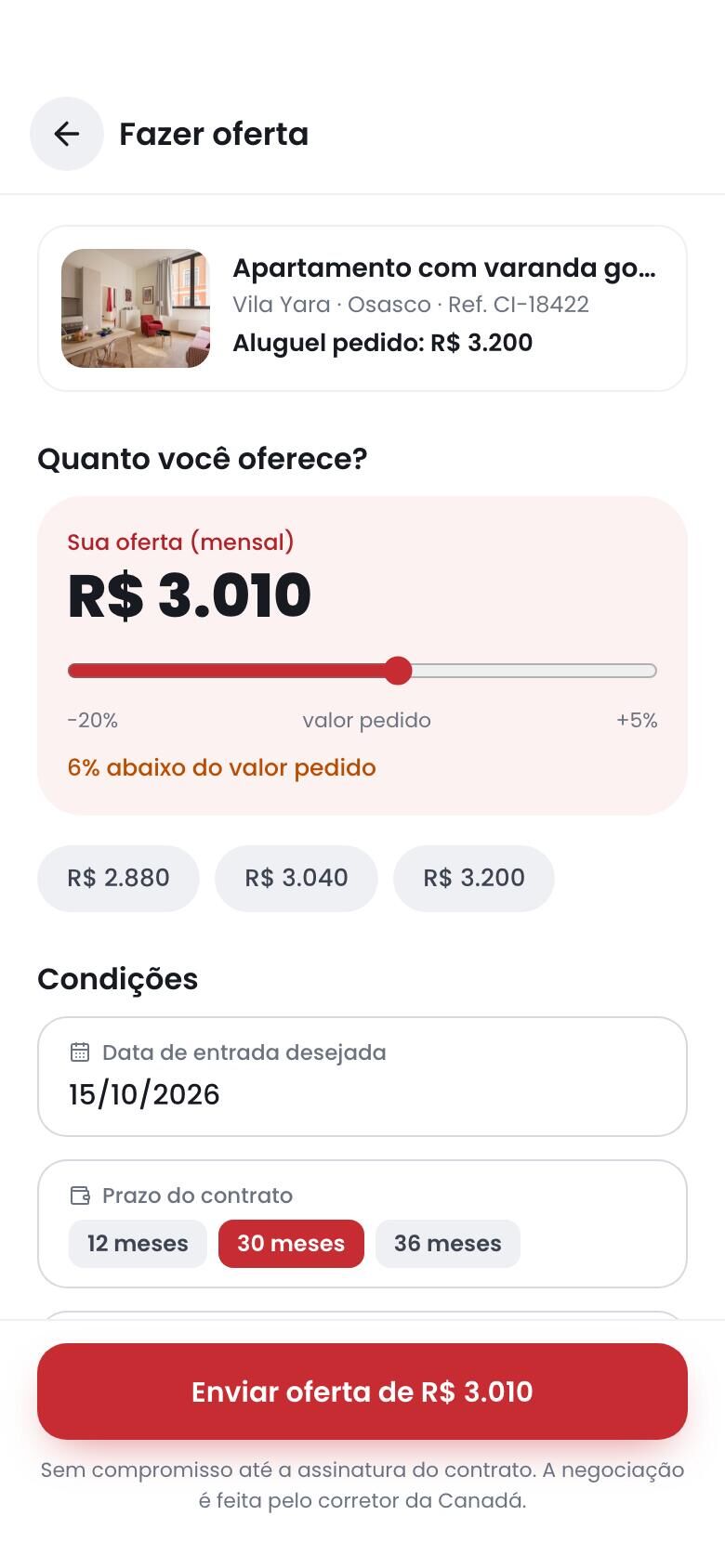 Tela de oferta com régua de valor