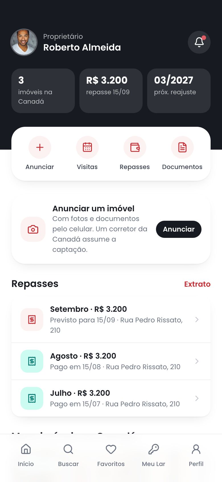 Painel do proprietário no app com extrato, repasses e imóveis anunciados
