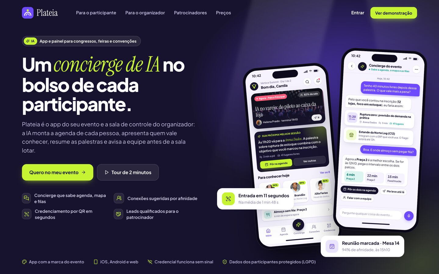 Landing de apresentação da Plateia, app para eventos com concierge de IA