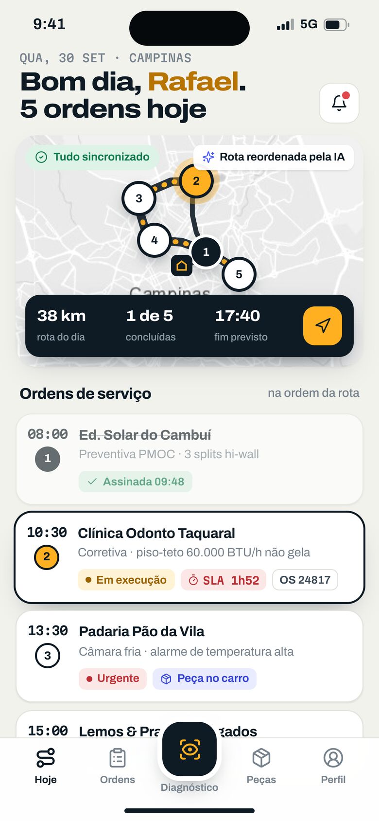 App do técnico com as ordens de serviço do dia na ordem da rota e mapa