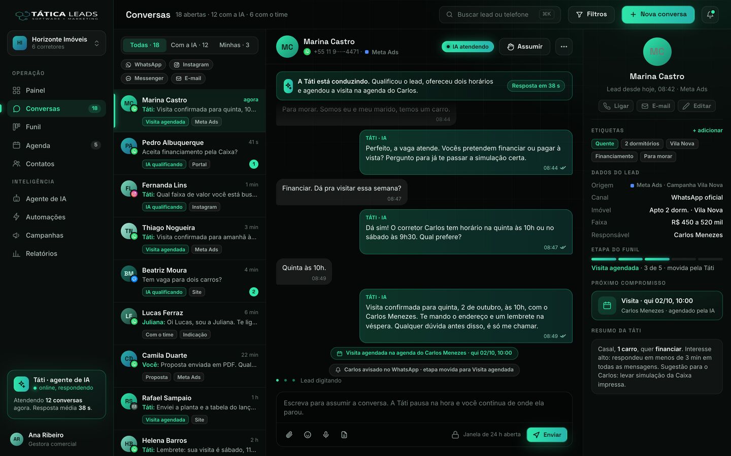 Caixa de conversas do Tática Leads com a IA atendendo um lead no WhatsApp