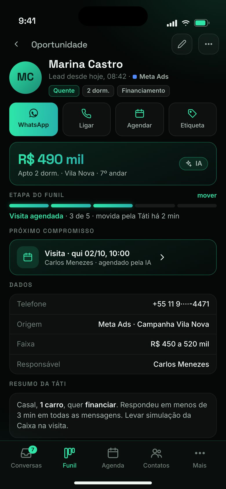 Oportunidade no app do Tática Leads com resumo da IA