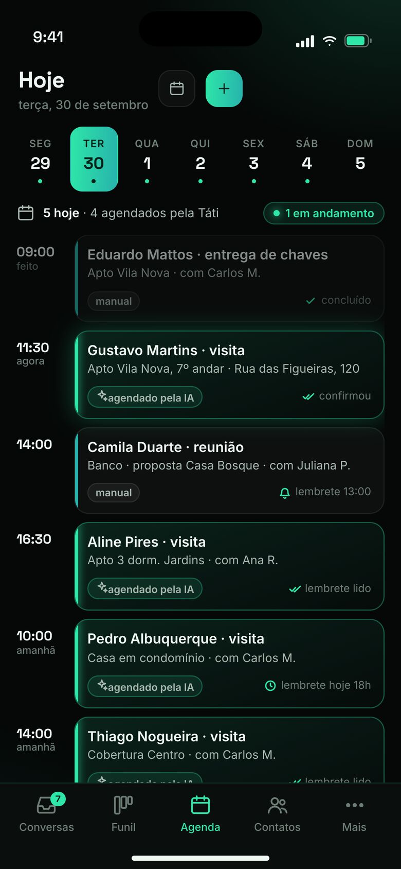 Agenda do dia no app do Tática Leads com visitas agendadas pela IA